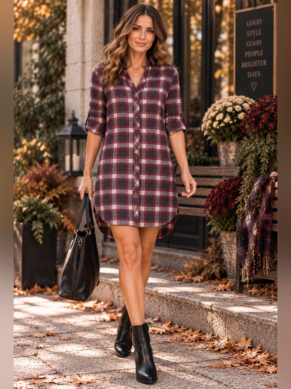 FIG Metro $159 Yan Plaid Tunic Shirt Dress Burgundy Grey Sz XS Tencel Canadian